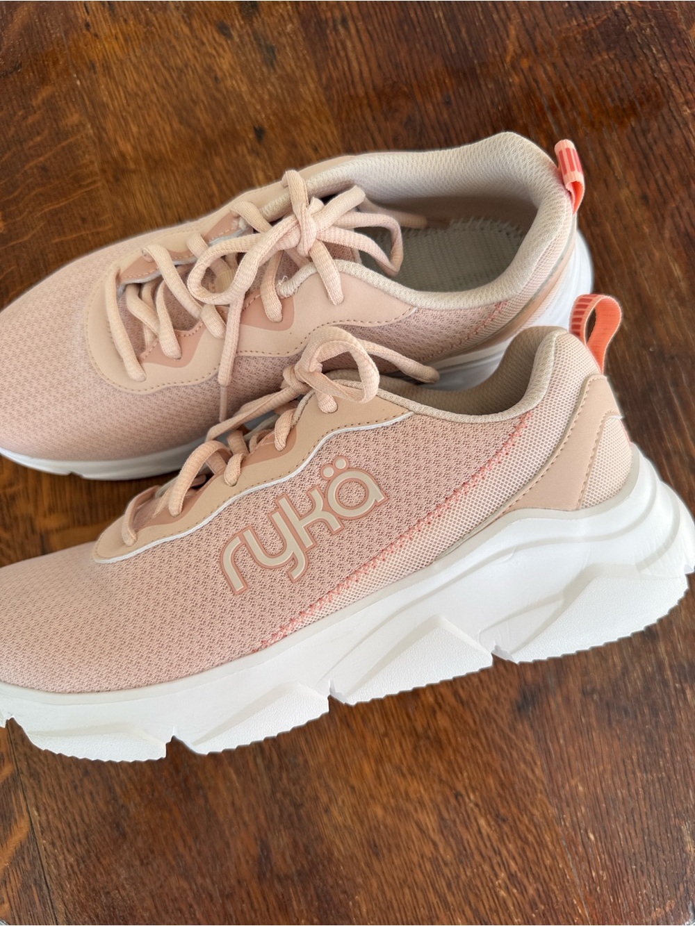 Ryka Women's Blush Apricot Mesh Lace-Up Sneakers with Coral Pull Tab